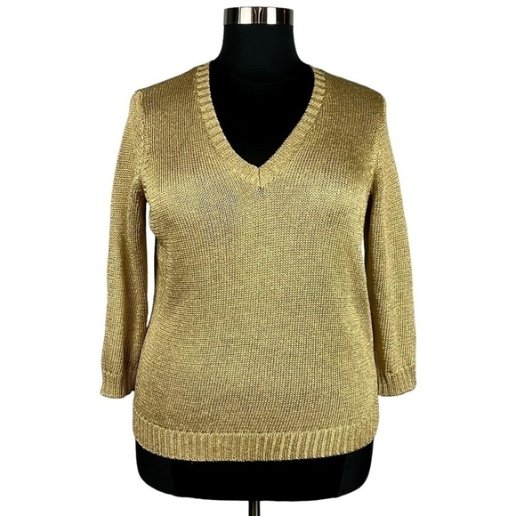 LAUREN RALPH LAUREN METALLIC GOLD V-NECK 3/4 SLEEVE RIBBED PULLOVER SWEATER - Picture 2 of 14